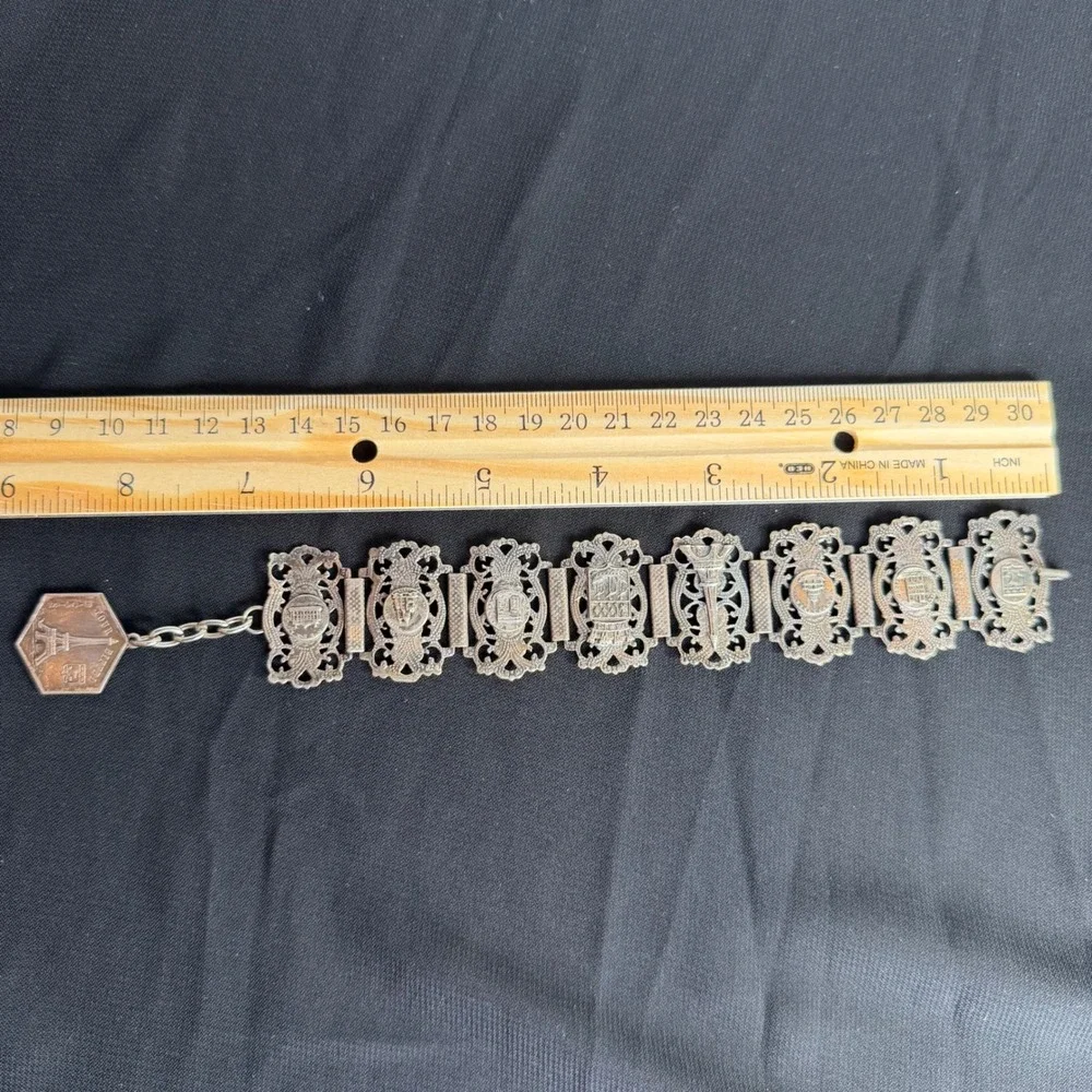 Vintage Paris France Souvenir Panel Bracelet Eiffel Tower Notre Dame Silver Tone